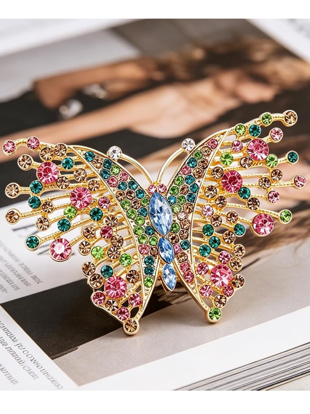 New Anthropologie Gold-Tone Multicolor Crystal Butterfly Brooch